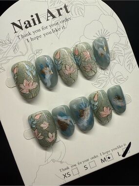 Sage Green Hand-Painted Floral Press-On Nails in Large